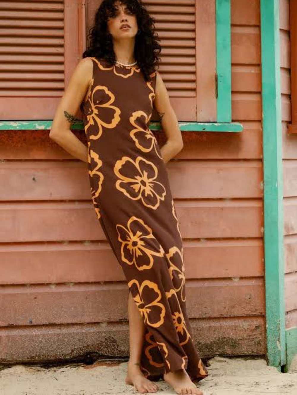 Billabong Brown Maxi Dress with Orange Floral Print